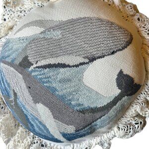 Whale-Themed Round Pillow With Ruffle & Crochet Trim